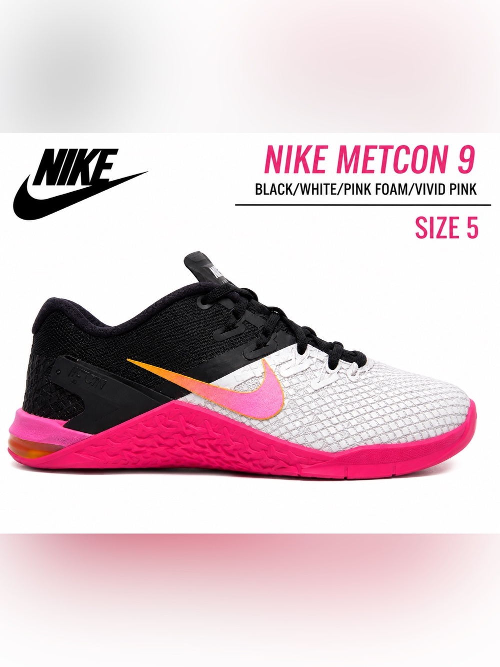 Nike Metcon 9 Training Shoes Black White Pink Foam Vivid Pink Size 5 NWOB